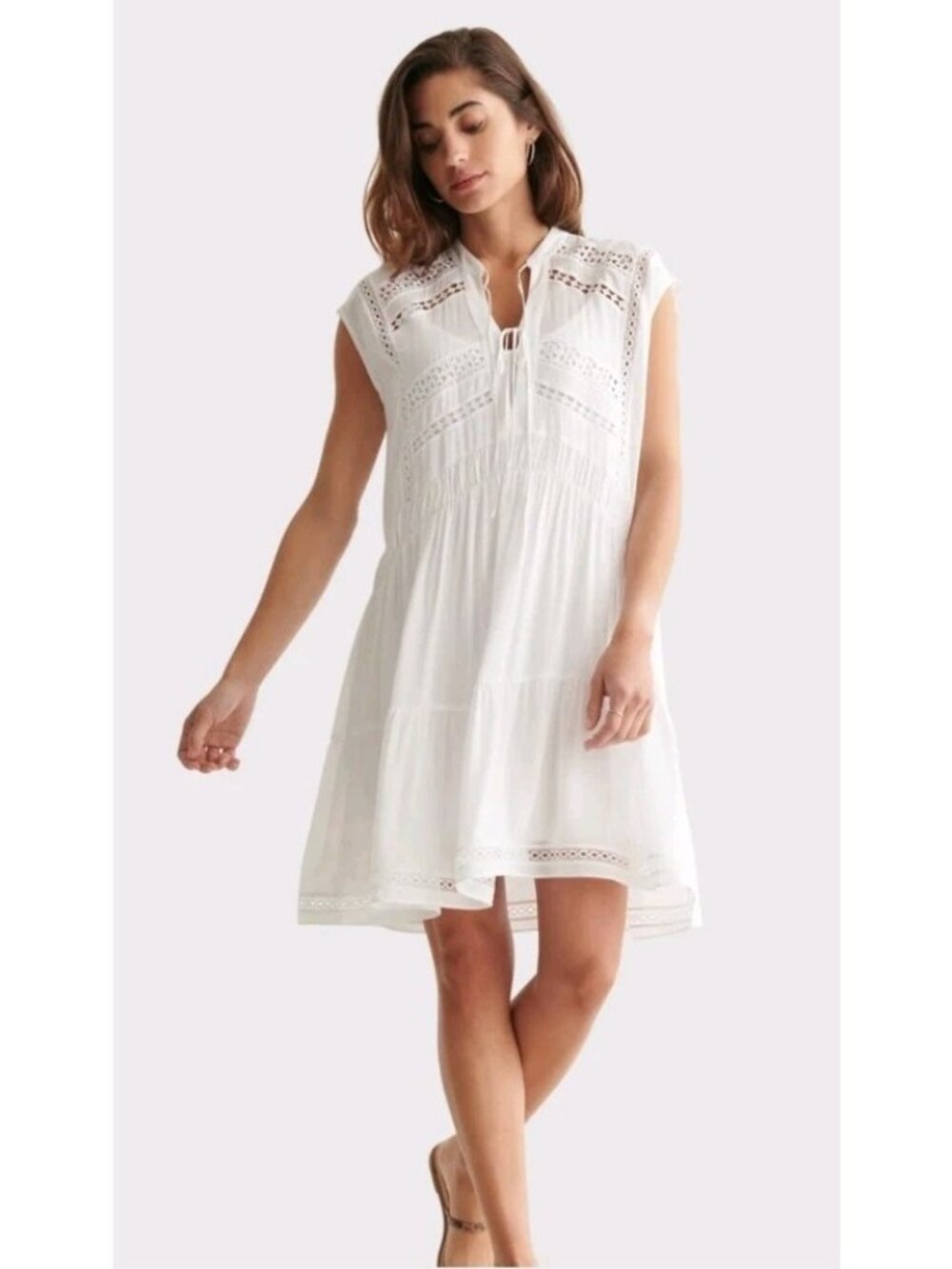 Lucky Brand Lace Inset Short Dress White Beach Summer Medium
